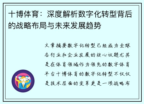 十博体育：深度解析数字化转型背后的战略布局与未来发展趋势